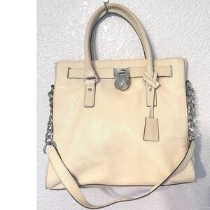 Michael Kors Hamilton Vanilla Leather Tote‎ Shoulder Bag Purse Snap Close